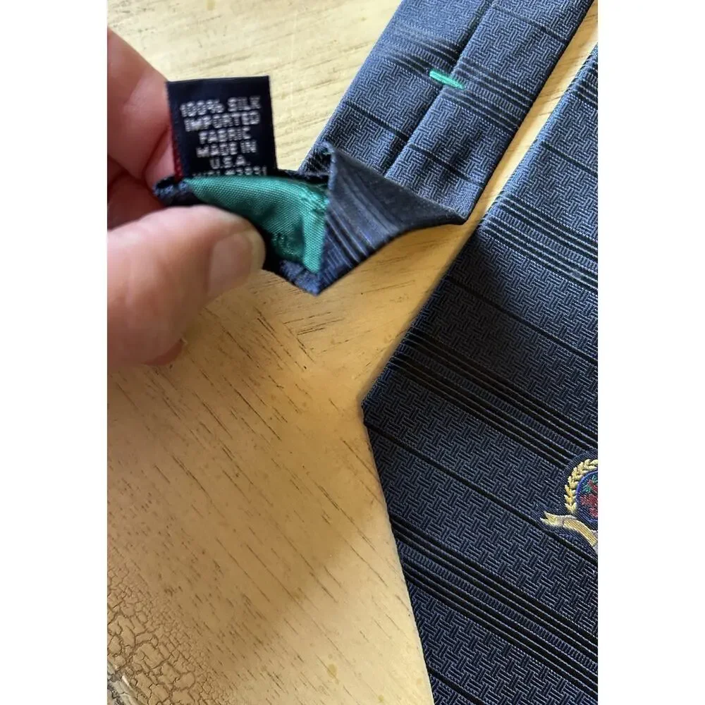 VTG 90s Tommy Hilfiger Silk Ties Neckties Navy Blue Gold Crest Logo USA Lot Of 3